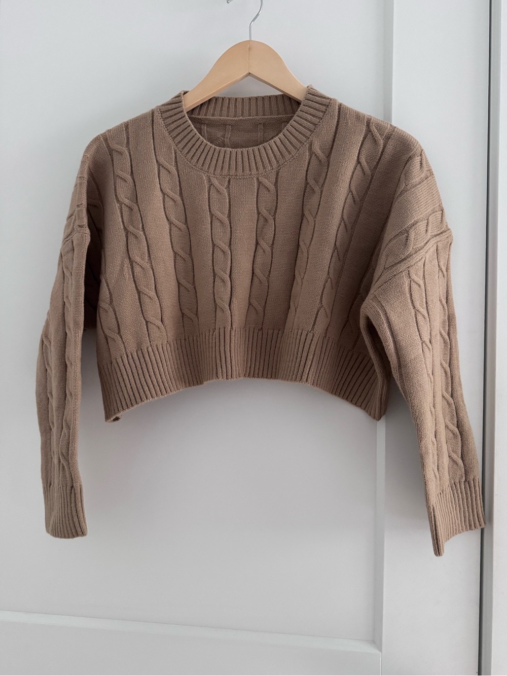 Commense Cropped Cable-Knit Crew Sweater in Beige - Picture 3 of 5